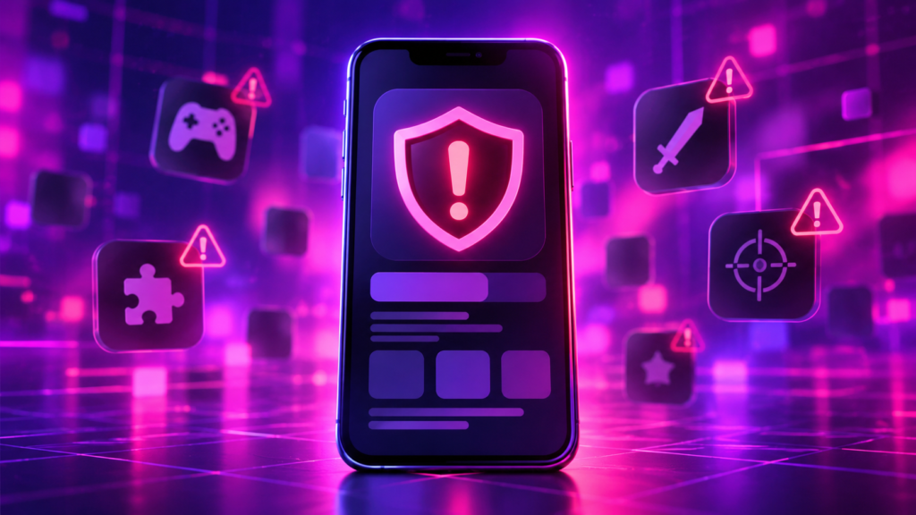 Smartphone warning about an unauthorized game-related mobile app.